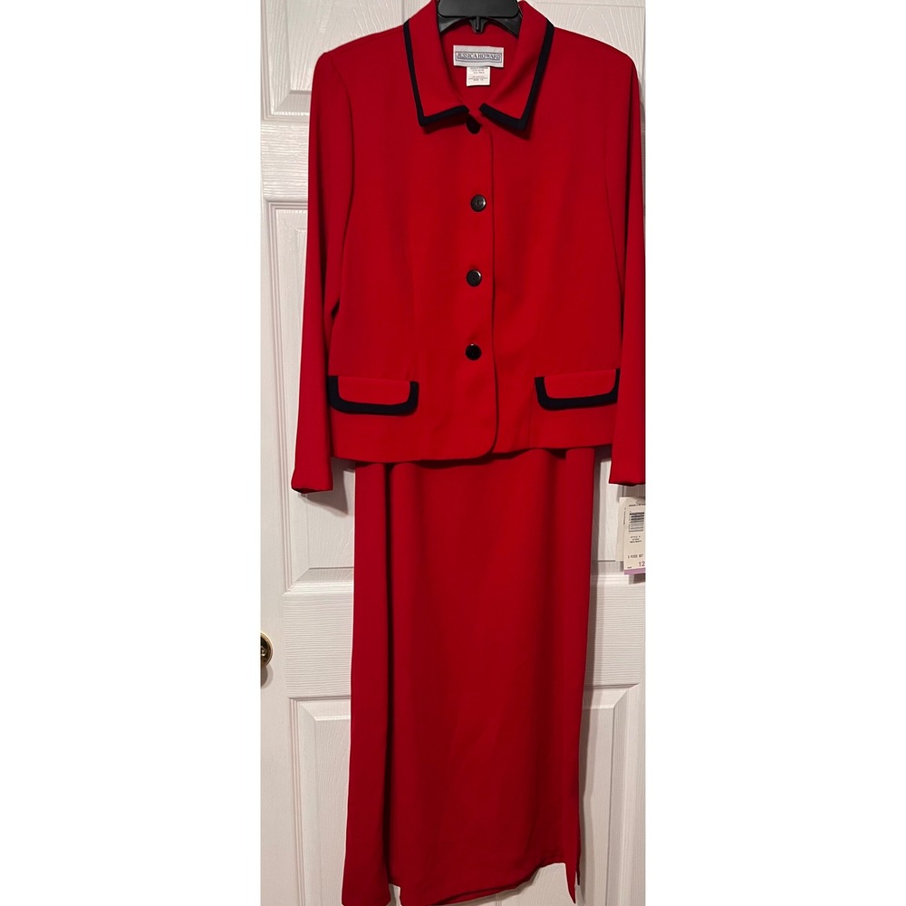 Jessica Howard Red Navy Blue 2 Piece Dress Suit Set Jacket Maxi Dress 12 NEW